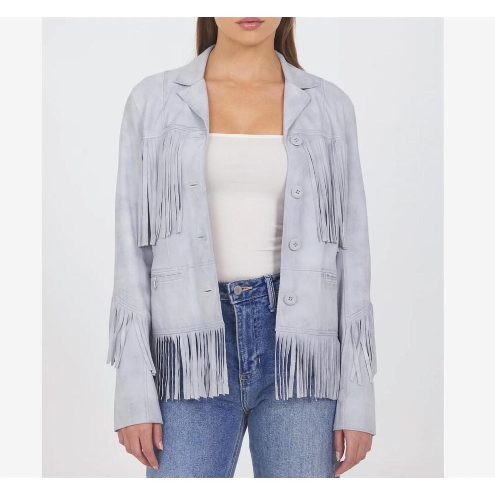 NEW JAKETT annie fringe jacket in cloud soft blue
